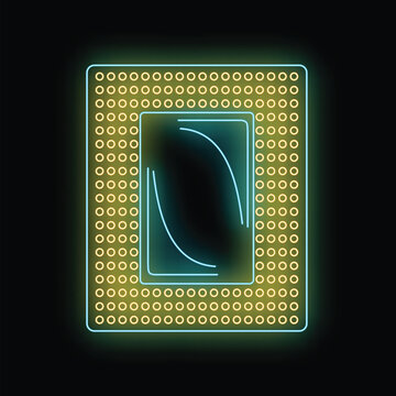 Cpu processor microchip featuring glowing neon lines and pin grid array on black background