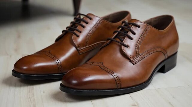 Stylish tan leather Oxford brogue dress shoes resting on a light wooden floor.