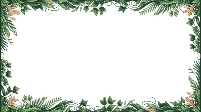 Lush botanical frame features detailed green leaves and delicate vines surrounding a clean white empty center