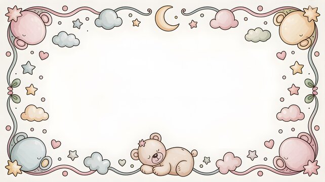 Cute sleeping teddy bear border featuring soft pastel clouds stars and moon for nursery room decor