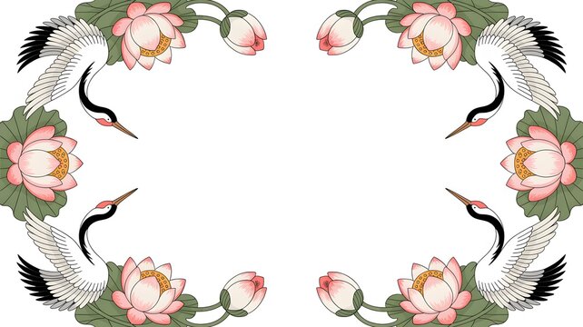Elegant red crowned cranes and soft pink lotus flowers arranged in a beautiful circular decorative frame