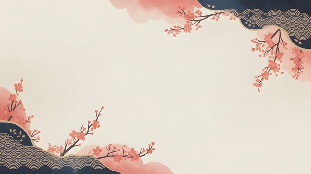 Delicate pink cherry blossoms frame traditional Japanese patterns on a soft textured cream colored paper background