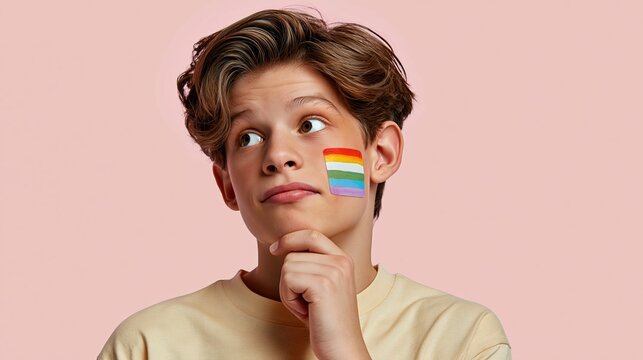 Young Person With Rainbow Flag Face Paint Pondering Ideas Against Pink Background