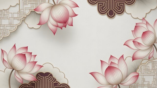 Pink lotus flowers decorated with traditional asian patterns on a clean light textured paper background