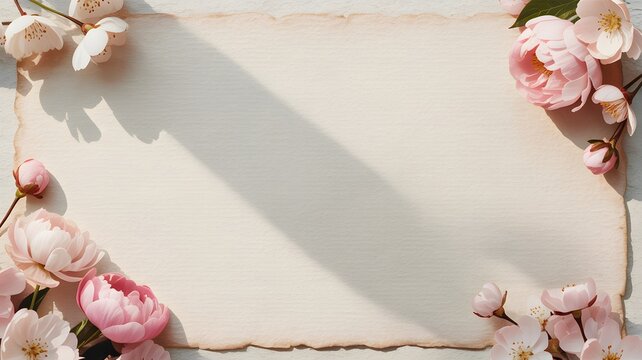 Empty parchment paper frame decorated with beautiful pink peony blossoms and delicate white cherry tree flowers