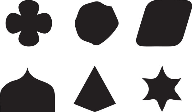 Abstract shapes and geometric figures vector icon set, four-petal clover, organic polygon, parallelogram, pointed dome arch, triangle and curved six-pointed star illustration