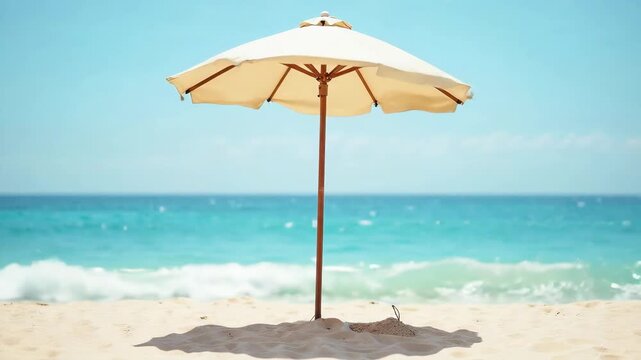 A lone beach umbrella stands on a pristine sandy beach by the turquoise ocean.