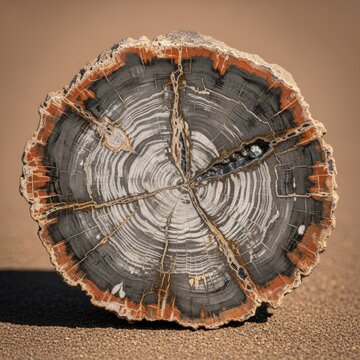 Detailed cross-section of petrified wood showcasing intricate mineralized tree rings and earthy tones