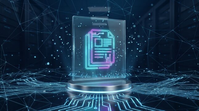 Glowing digital document icon floating on a glass display pedestal over dark circuit board background representing secure digital archiving and cloud data storage systems