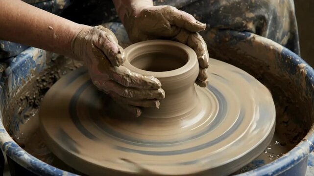 Hands shaping a clay bowl on a wheel