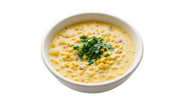 Bowl of creamy corn chowder soup isolated on transparent background