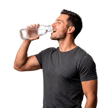 Man drinking fresh water from a glass bottle with condensation droplets, healthy lifestyle concept PNG Isolated on transparent background