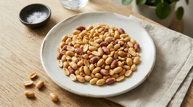 Shelled Roasted Peanuts Served on Minimalist Ceramic Plate Healthy Snack Concept peanuts nuts plate white dish snack food roasted shelled healthy protein organic natural ingredient bowl nutrition