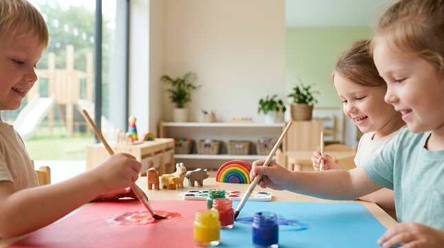 Happy young children painting with colorful paints together in a bright modern classroom.