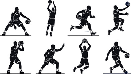 Basketball player silhouettes vector set featuring male athletes dribbling shooting slam dunking passing defense stance and action poses for sports design © MstMonjila