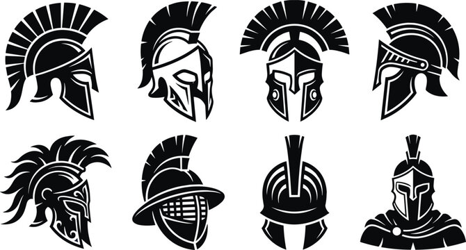 Ancient Spartan helmet and Roman warrior armor vector silhouette icon collection featuring Corinthian gladiator knight and Trojan crest headpiece designs