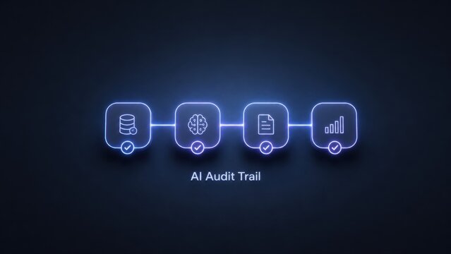 Glowing AI Audit Trail Workflow Icons on Dark Background