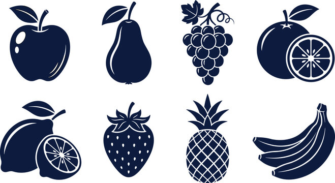 Fresh organic fruit silhouette vector icon set featuring apple pear grape bunch orange lemon strawberry pineapple and banana bunch for food design