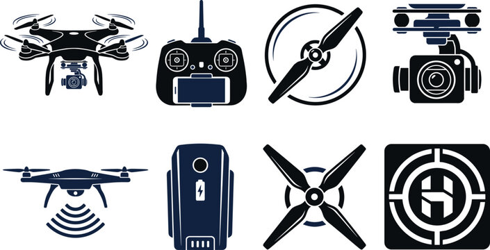 Aerial quadcopter and hexacopter drone silhouette vector icon collection featuring various flying camera drones for photography surveillance and technology design