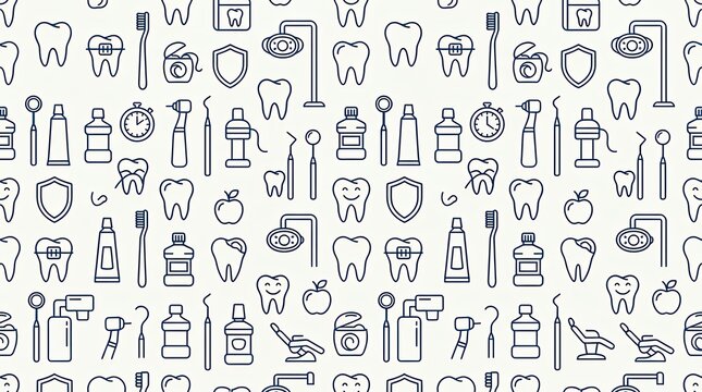 Continuous Seamless Pattern of Dental Care Elements Tooth and Clinic Equipment Line Art Icons dental dentist pattern seamless teeth tooth care hygiene oral clinic icons line art medical health