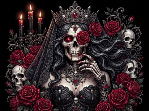 Gothic skeleton queen with red roses candles and skulls