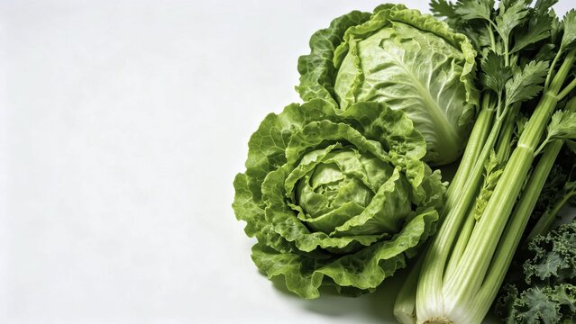 Fresh vegetable display with layered lettuce heads and celer