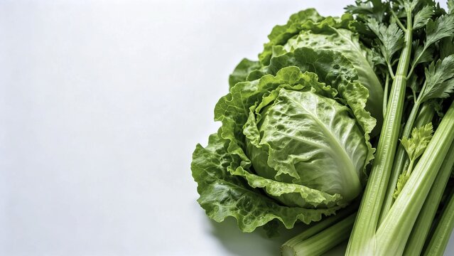 Fresh vegetable display with layered lettuce heads and celer
