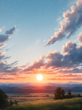 A breathtaking sunset paints the sky with vibrant hues of orange, pink, and gold over a rolling landscape of hills and fields. Wispy clouds drift lazily across the horizon.