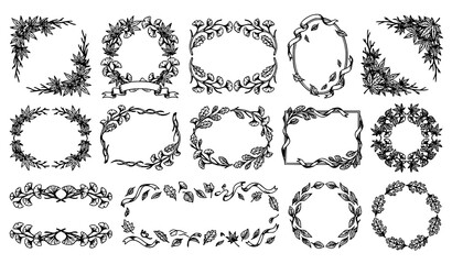Fototapeta premium Big set of hand drawn maple and ginkgo leaf wreaths oval frames corner borders and ribbon dividers, botanical line art illustration collection