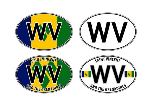 Saint Vincent and the Grenadines, oval international vehicle registration code license plate car sticker, vector illustration