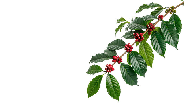 Fresh green coffee branch with ripe red coffee cherries isolated on transparent background.