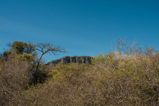 View of the rocky French Mountain rising above dry shrubs and sparse trees under a clear blue sky in Antsiranana, Diana, Madagascar.