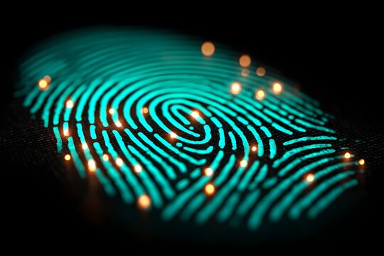 Abstract glowing fingerprint with golden specks, representing digital identity and security