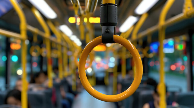Interior of public bus with blurred passenger and yellow hand strap, urban transportation scene conveying motion and daily commuting experience