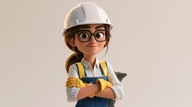 A cute 3D cartoon character of a smiling young female engineer or construction worker wearing a white hard hat, glasses, and overalls with arms crossed.