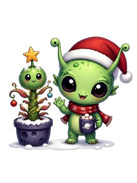 A delightful vector-style fantasy art piece blending winter holiday cheer with outer space elements, showcasing a sweet baby alien celebrating Christmas on a snowy planetary surface.
