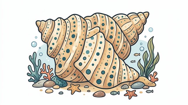 Spiral Ridge Seashell Illustration With Dotted Pattern Coastal Treasure Cartoon Element coastal seashell ocean treasure beach element spiral shell cartoon seashell marine flora seashell illustration
