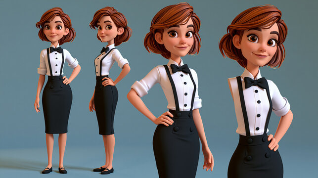 A 3D character sheet showing a cute woman with short auburn hair in four views, wearing a white shirt, black bow tie, and black suspender skirt.