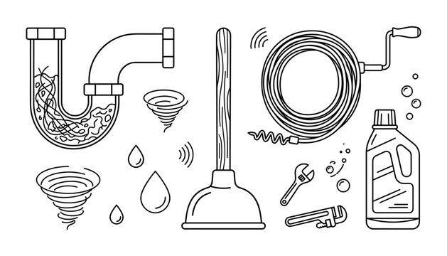 Plumbing Tools and Fixtures Illustration with Pipes, Wrench, and Drain Cleaner