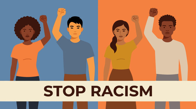 Stop racism concept poster with diverse group of people raising their fists in solidarity against discrimination and social injustice.
