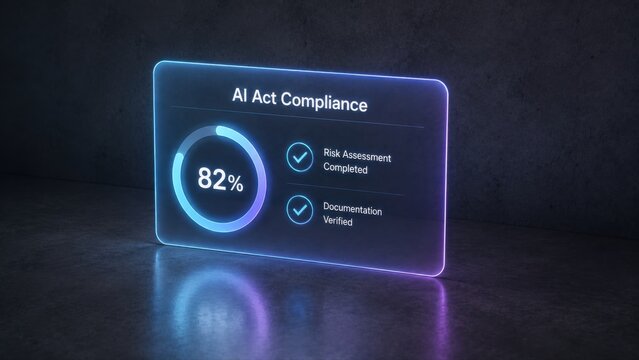 Floating Glass Panel Showing AI Act Compliance Score With Checkmarks