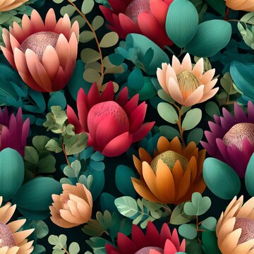 A vibrant and colorful floral pattern featuring protea flowers and lush foliage. The design is rich with exotic textures and organic shapes, creating a sense of tropical beauty