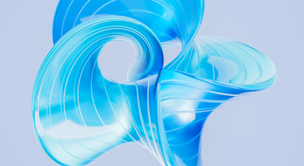 Obraz na płótnie Canvas Abstract Blue Glass Sculpture 3D Render Fluid Swirl Shape Modern Digital Art Glossy Translucent Curved Form on Light Background