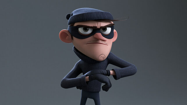 A stylized 3D render of a classic cartoon burglar wearing a black balaclava, eye mask, and gloves, with a sneaky expression checking his wristwatch.