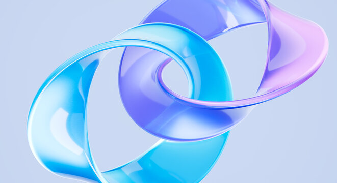 Abstract 3D Render of Intertwined Glass Torus Shapes in Blue Pink and Purple Gradient Colors on Light Background