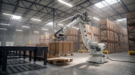 Fototapeta premium Industrial robotic arm lifting wooden pallet loaded with heavy cardboard boxes in large warehouse distribution center with rows of storage racks and conveyor belt system