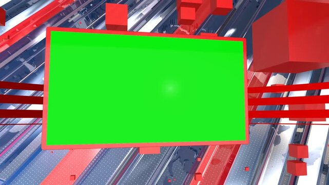 Futuristic 3D News Studio Background with Floating Red Cubes and Green Screen Presentation Monitor 