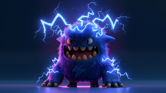A 3D render of a cute yet fierce blue furry monster surrounded by crackling bolts of electricity, roaring with glowing eyes against a dark background.