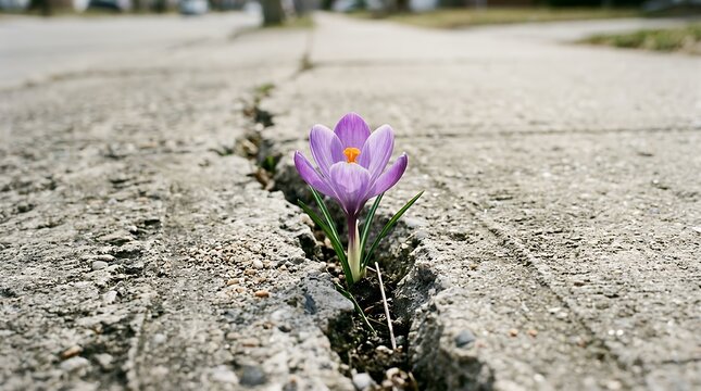 Solitary Purple Spring Flower Piercing Through Severe Fissure In Aged Cement Pavement Demonstrating Resilience And Growth crocus flower concrete crack spring plant nature growth resilience single
