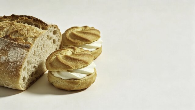 Bread and sweet treats with ciabatta and cream-filled pastri